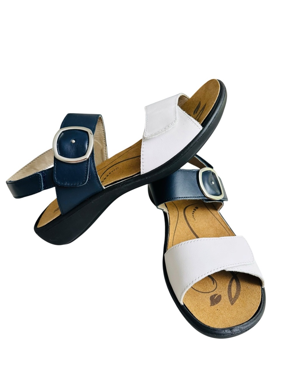 Romika Women’s Two-Tone White and Navy Buckle Slide Sandals Size 42